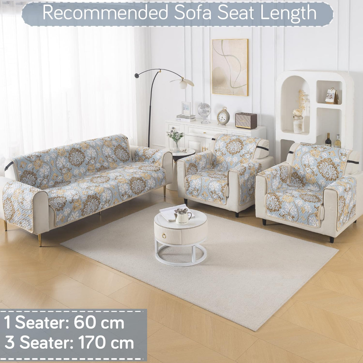 Easy Drape Reversible Quilted 5-Seater Sofa Cover (3+1+1), Cool Breeze Floral