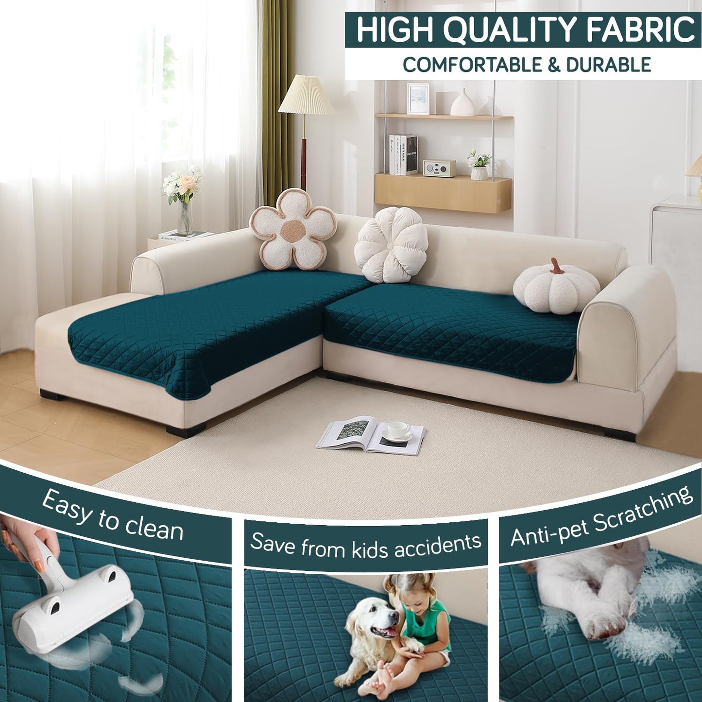 HOKIPO Waterproof Quilted Quick Dry L Shape Sofa Seat Cover Mat, Peacock Blue