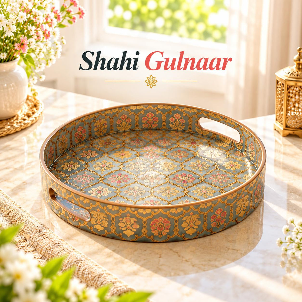 HOKIPO Round Serving Tray 12 in, Engineered Wood, Shahi Gulnaar - image 2
