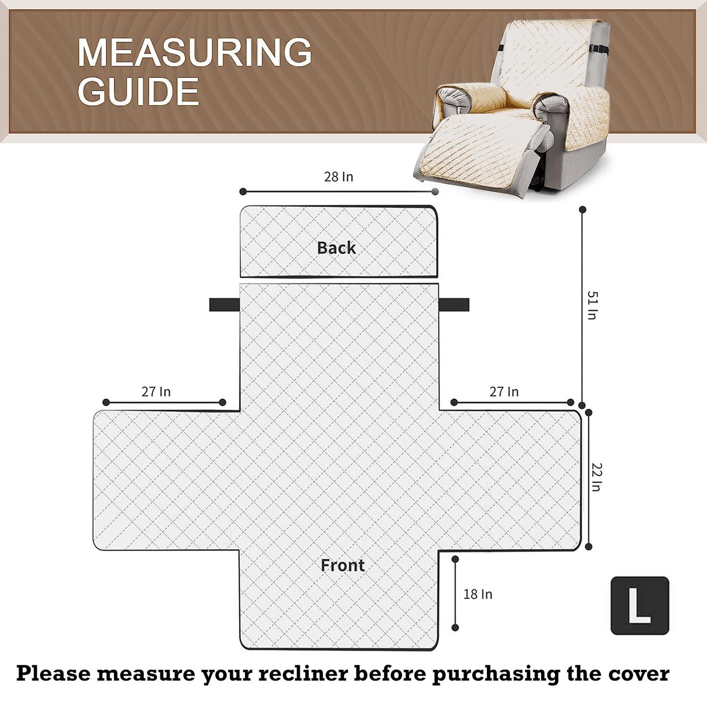 Quilted Recliner Chair Cover With Side Pockets for 1 Seater Sofa, Sand Brown