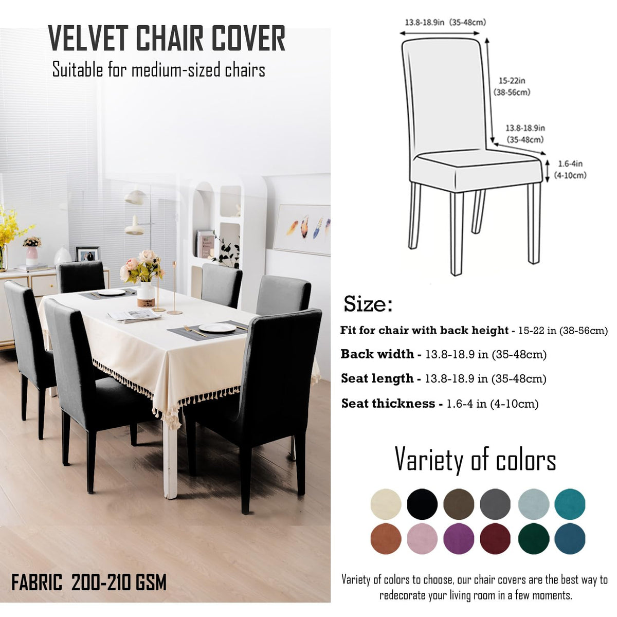 Elastic Stretchable Premium Velvet Dining Chair Cover, Black