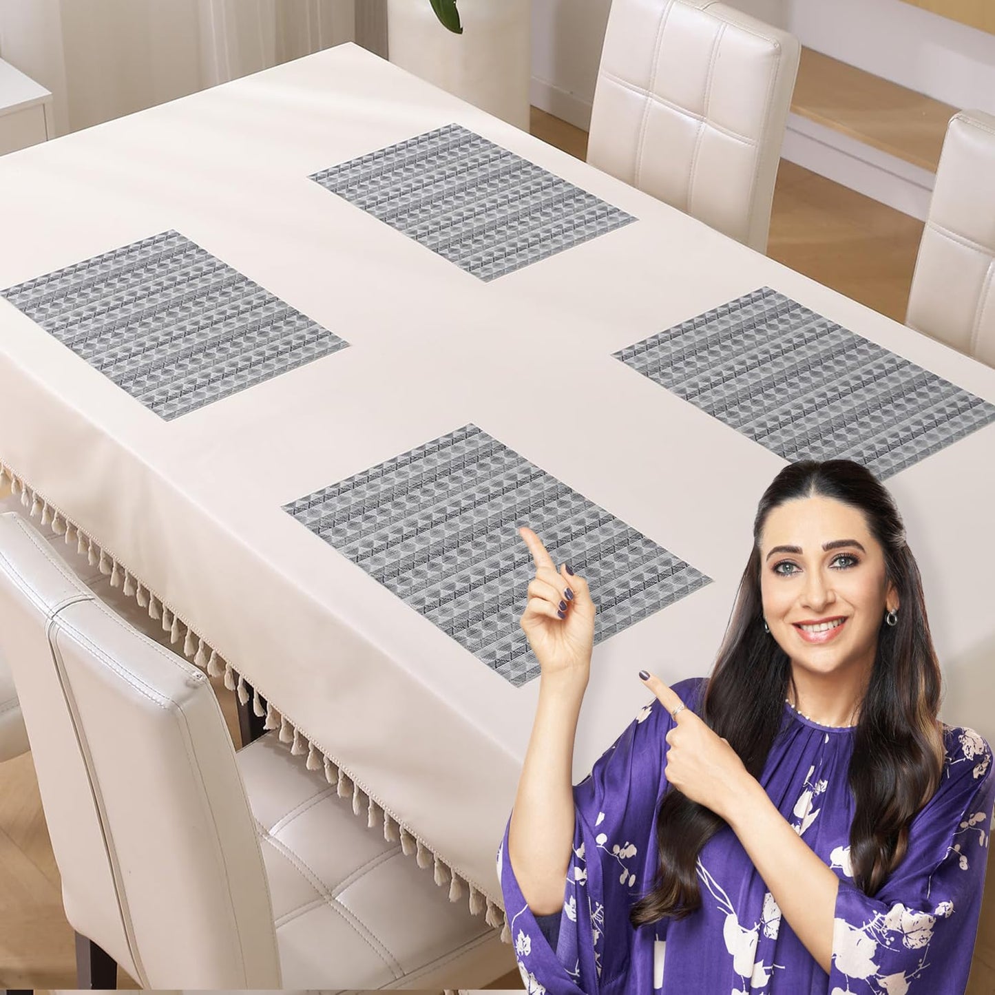 HOKIPO PVC Dining Table Mats and Runner Set of 4/6, Cool Grey Rhombus