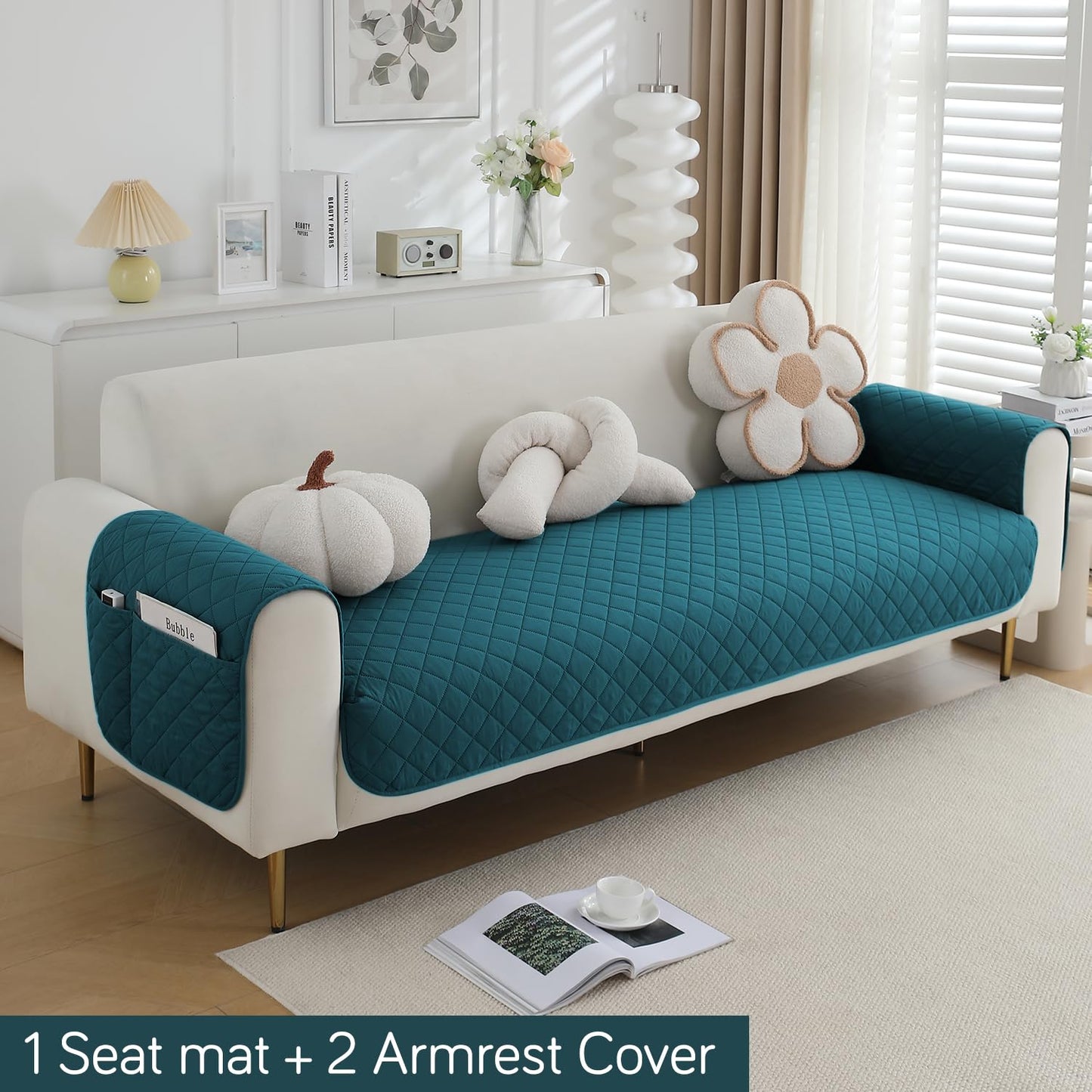 HOKIPO Quilted Waterproof Sofa Seat Mat with 2 Armrest Covers with Pockets, Peacock Blue