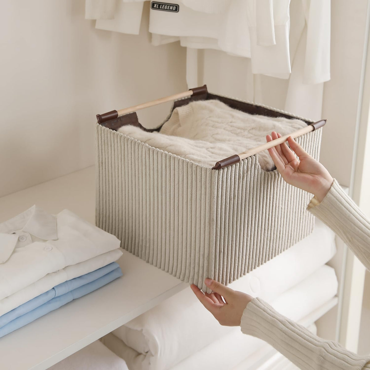 Premium Foldable Storage Bin with Wooden Handles | Corduroy Fabric Organizer Box for Wardrobe, Books, Clothes & Misc Items, Cream