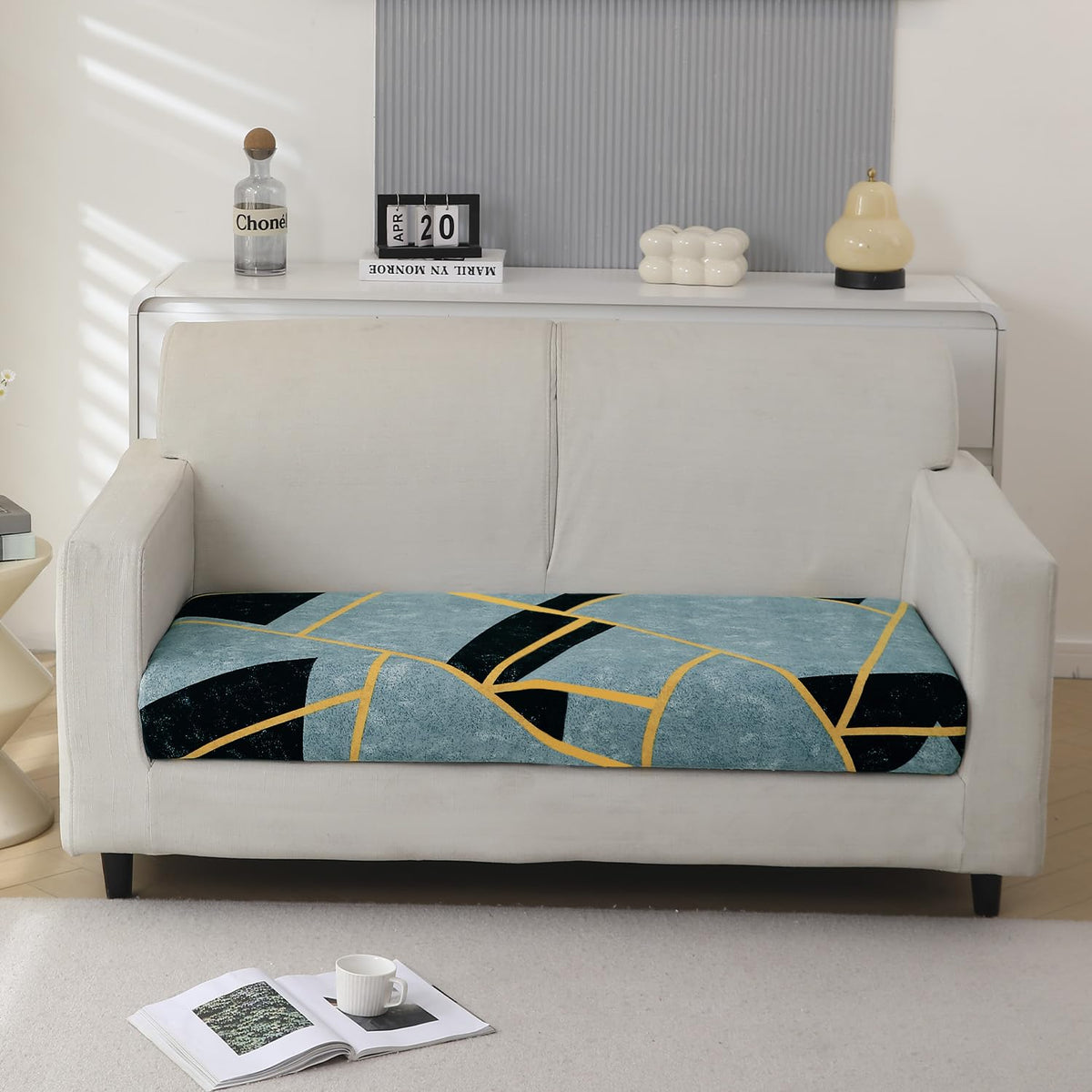 140 GSM Stretchable Printed Elastic Sofa Cushion Seat Cover for 1 /2 /3 Seaters / Pieces for Sofa, Multicolor Abstract Geometry