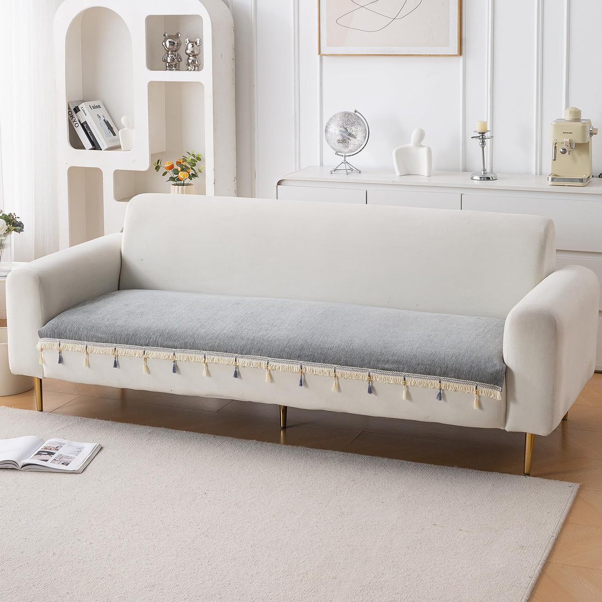 Serenity Tassel Chenille Sofa Cover with Tassel – Glacier Silver