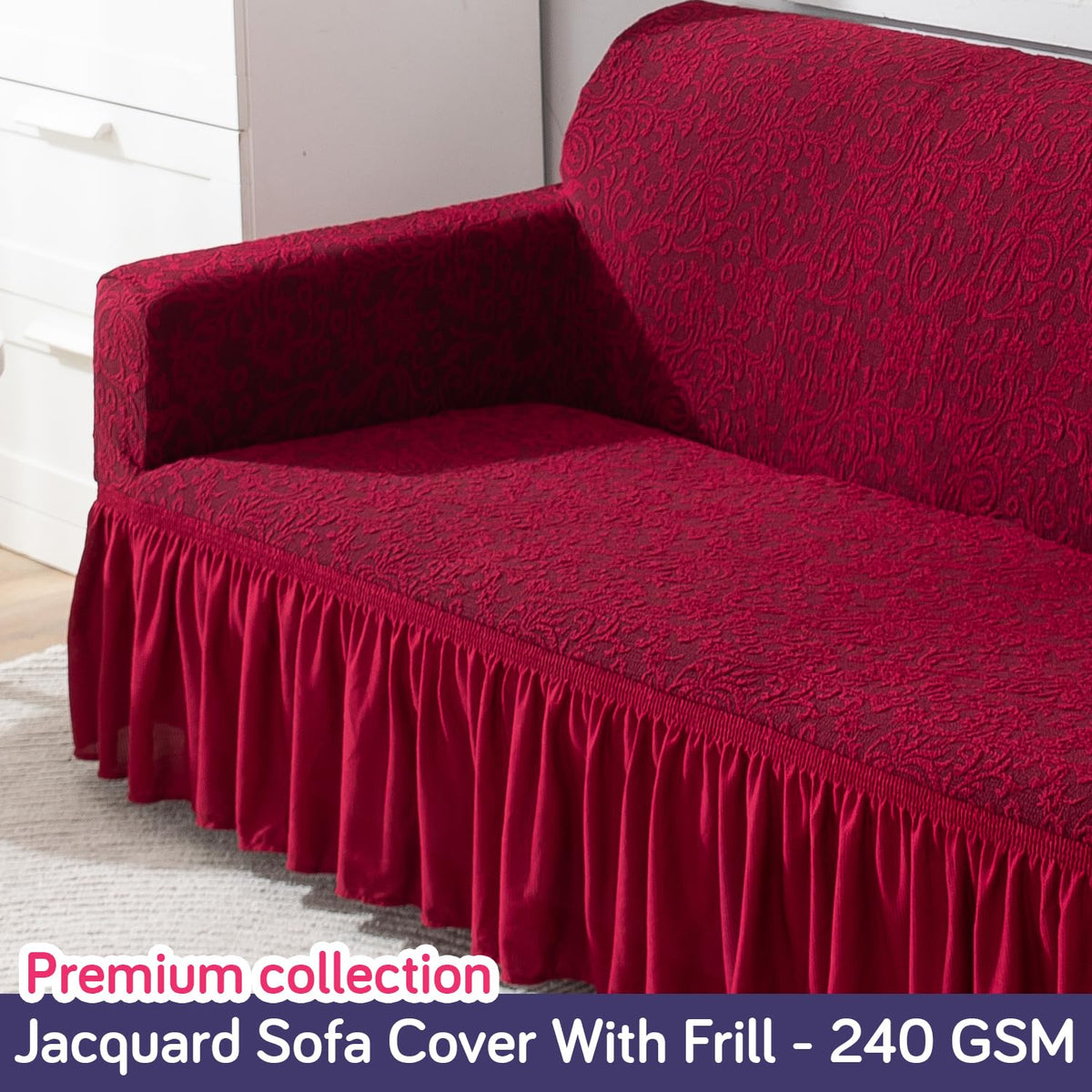 Elastic Stretchable Designer Woven Jacquard Sofa Cover with Frill, Wine Red