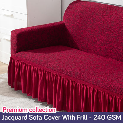 Elastic Stretchable Designer Woven Jacquard Sofa Cover with Frill, Wine Red