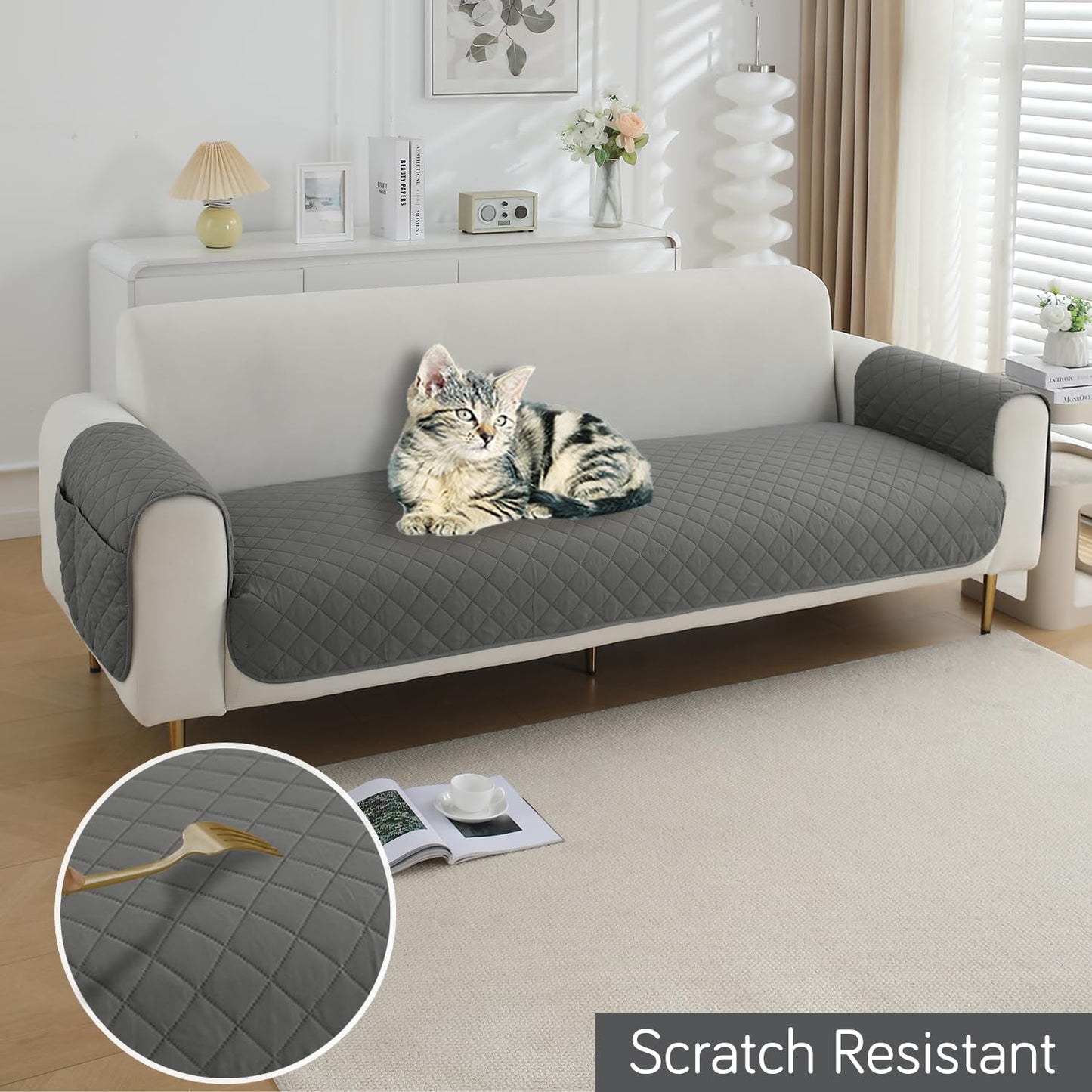 HOKIPO Quilted Waterproof Sofa Seat Mat with 2 Armrest Covers with Pockets, Light Grey