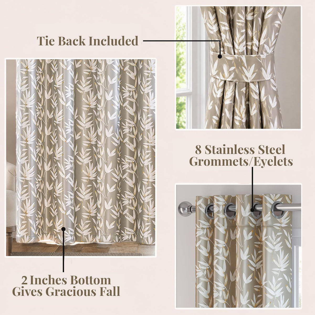 HOKIPO Luxe Foliage Foil Printed Curtains, 7 Feet Long - Taupe - image 4