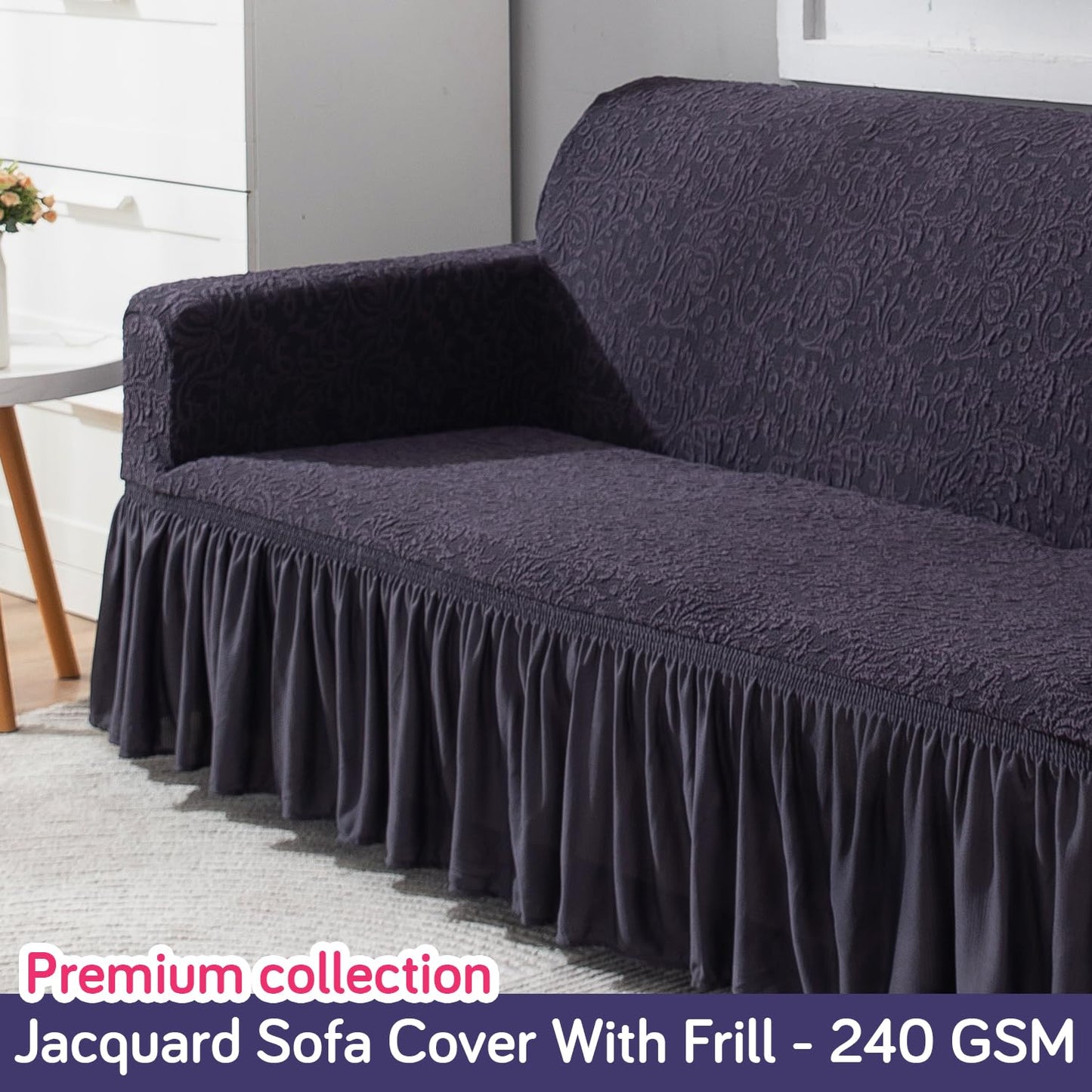 Elastic Stretchable Designer Woven Jacquard Sofa Cover with Frill, Abbey Grey