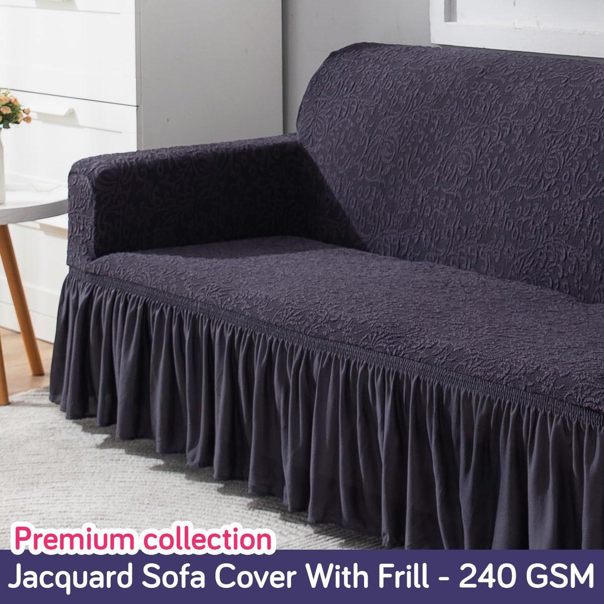 Elastic Stretchable Designer Woven Jacquard Sofa Cover with Frill, Abbey Grey