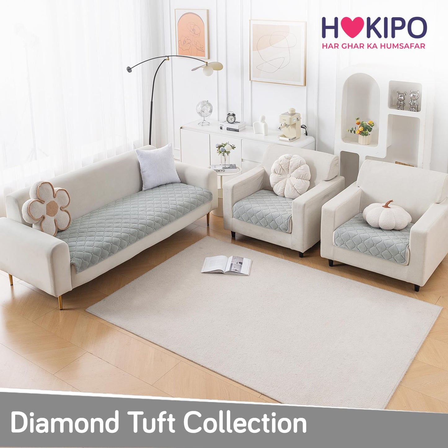 Diamond Tuft Quilted 5-Seater Sofa Mat (3+1+1), Anti-Slip, Mist Grey