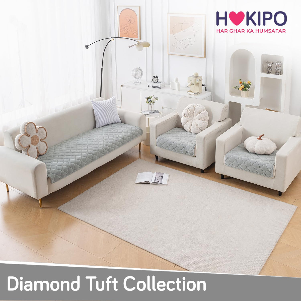 Diamond Tuft Quilted 5-Seater Sofa Mat (3+1+1), Anti-Slip, Mist Grey