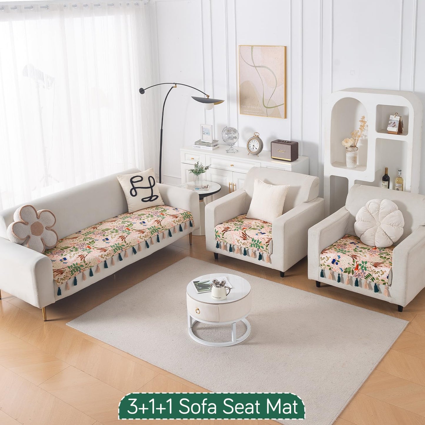 'Whispers of Nature' Series Holland Velvet Sofa Seat Mat with Tassel, Beige Woodland Bloom