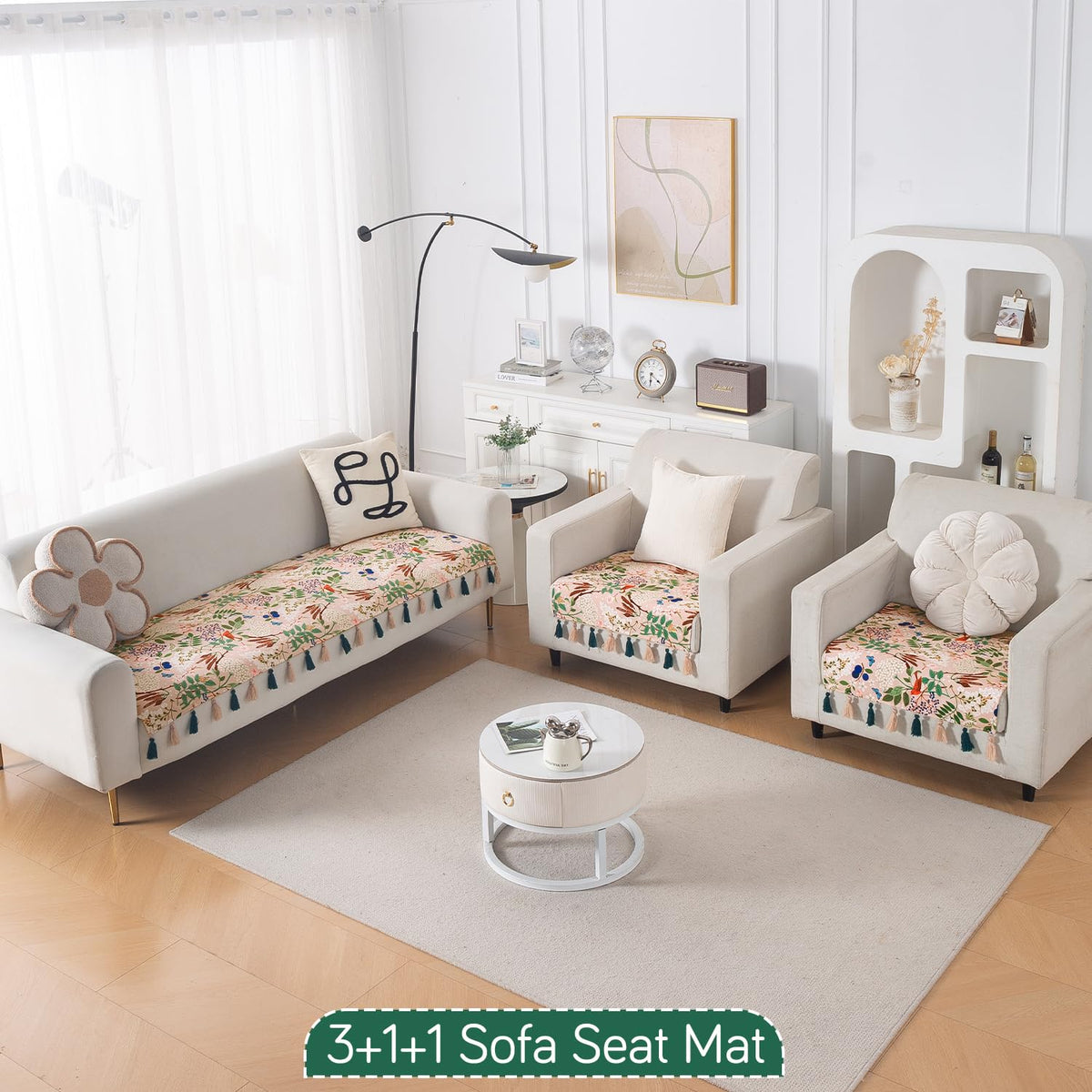 'Whispers of Nature' Series Holland Velvet Sofa Seat Mat with Tassel, Beige Woodland Bloom
