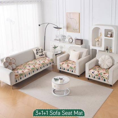 'Whispers of Nature' Series Holland Velvet Sofa Seat Mat with Tassel, Beige Woodland Bloom