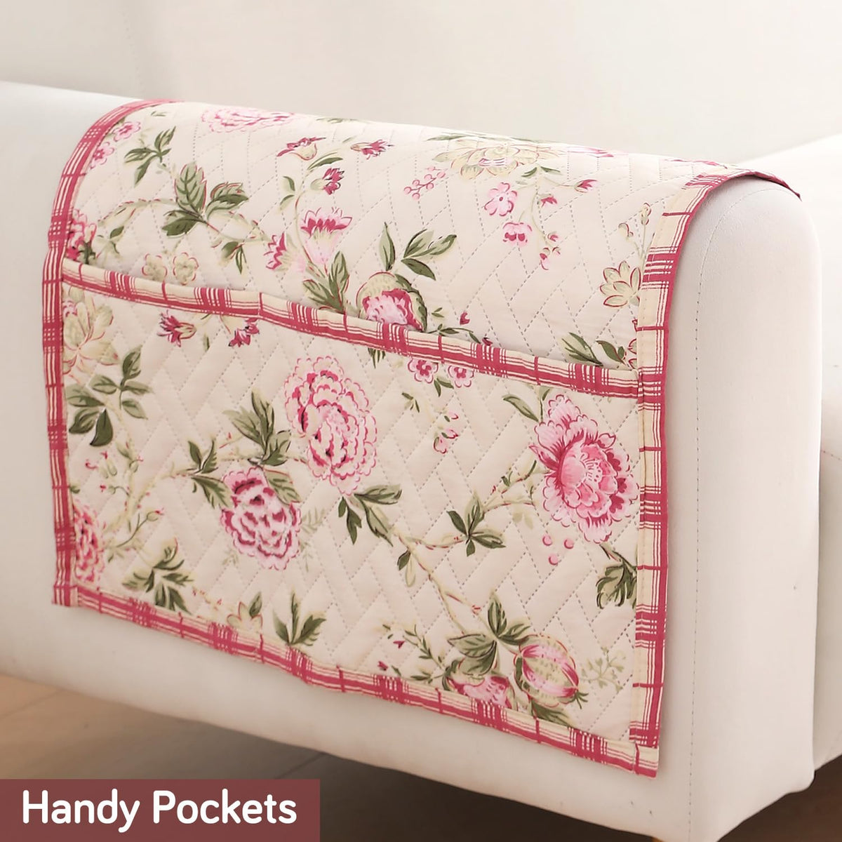 'Homehues' Printed Quilted Sofa Cover Mats, Beige Peonies