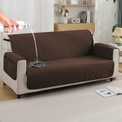 Quilted Waterproof Sofa Cover Mat with Pockets on Armrest Cover - Brown