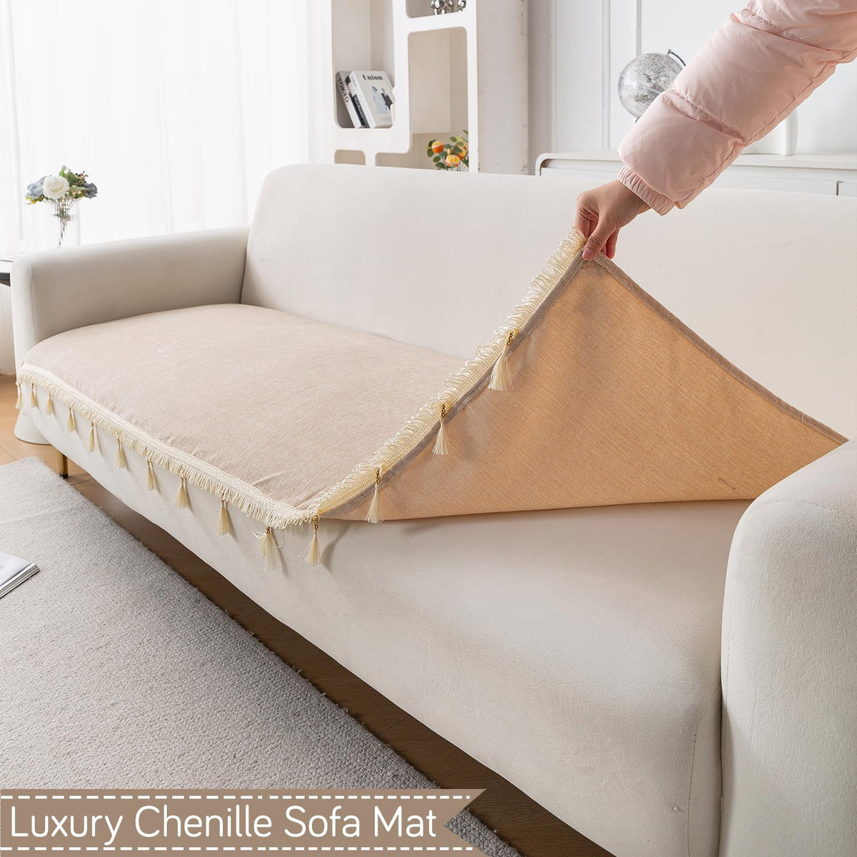 Serenity Tassel Chenille Sofa Cover with Tassel – Ivory Fringe