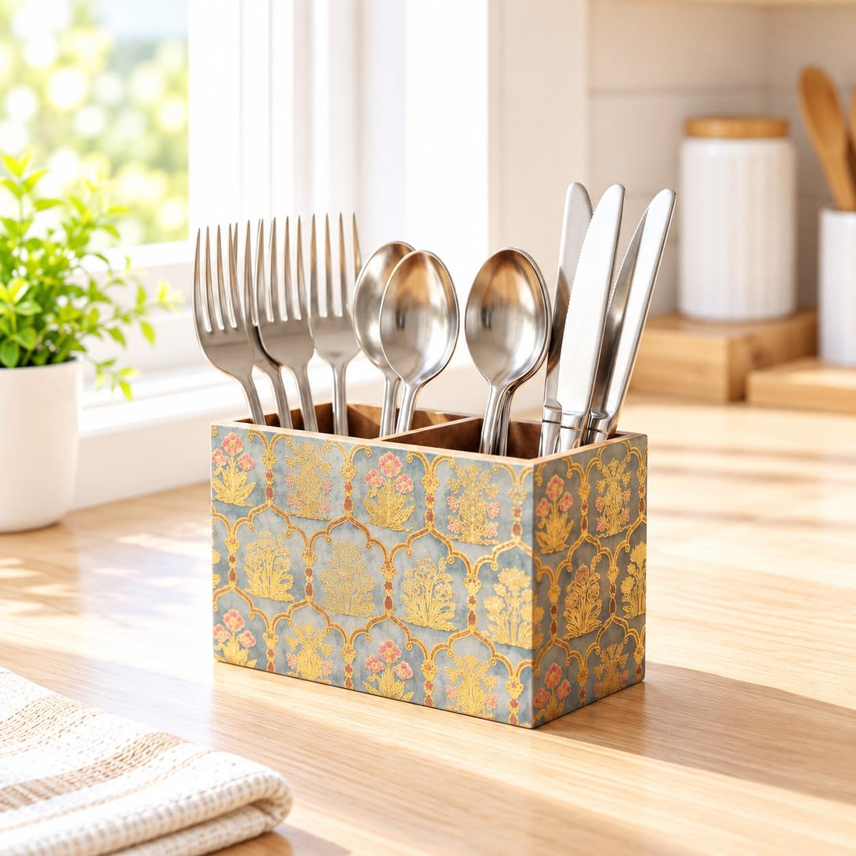HOKIPO Cutlery Holder for Dining Table, Engineered Wood, Gulabi Mayurvan - image 15
