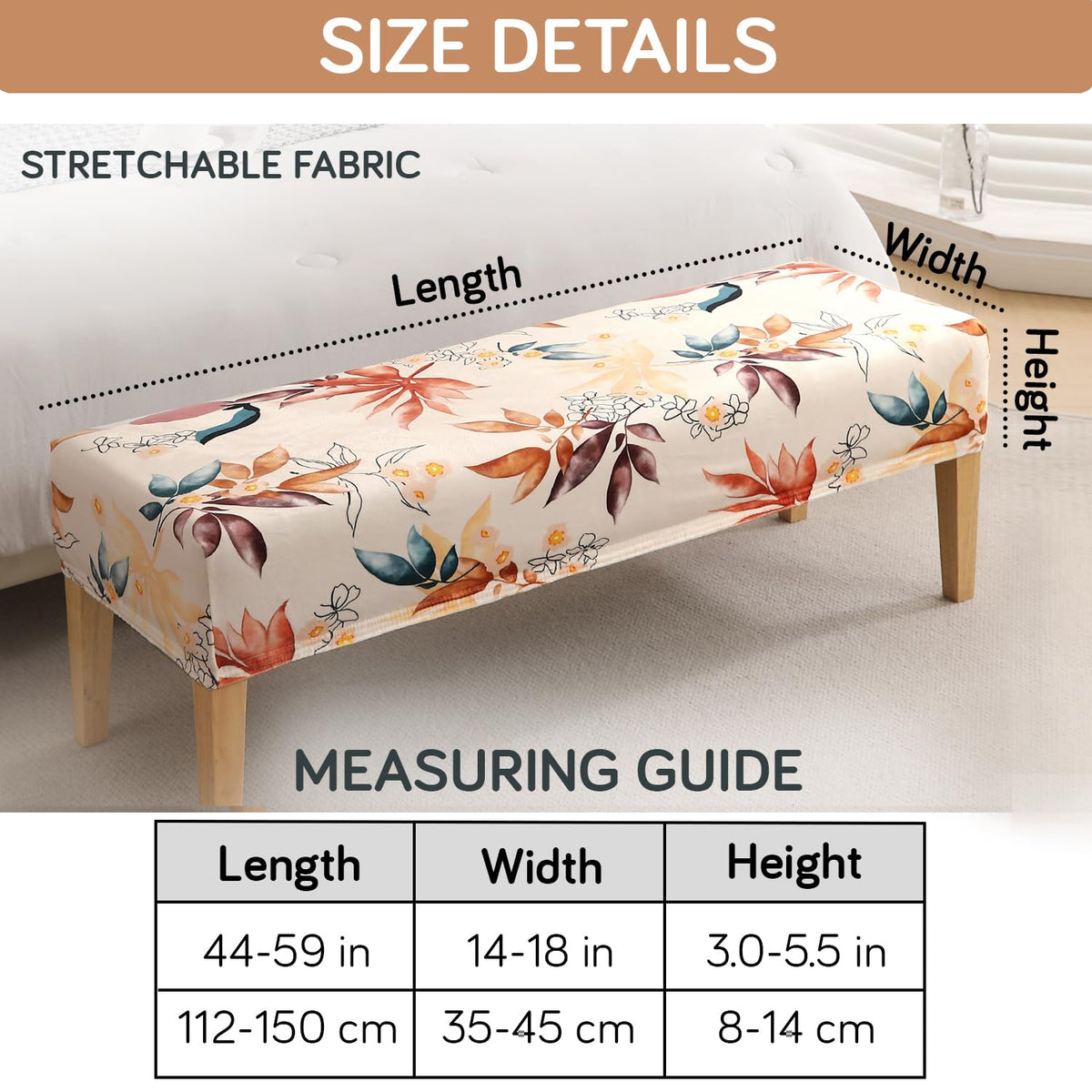 Premium Printed Velvet Elastic Dining Bench Cover, Amber Serene Flora