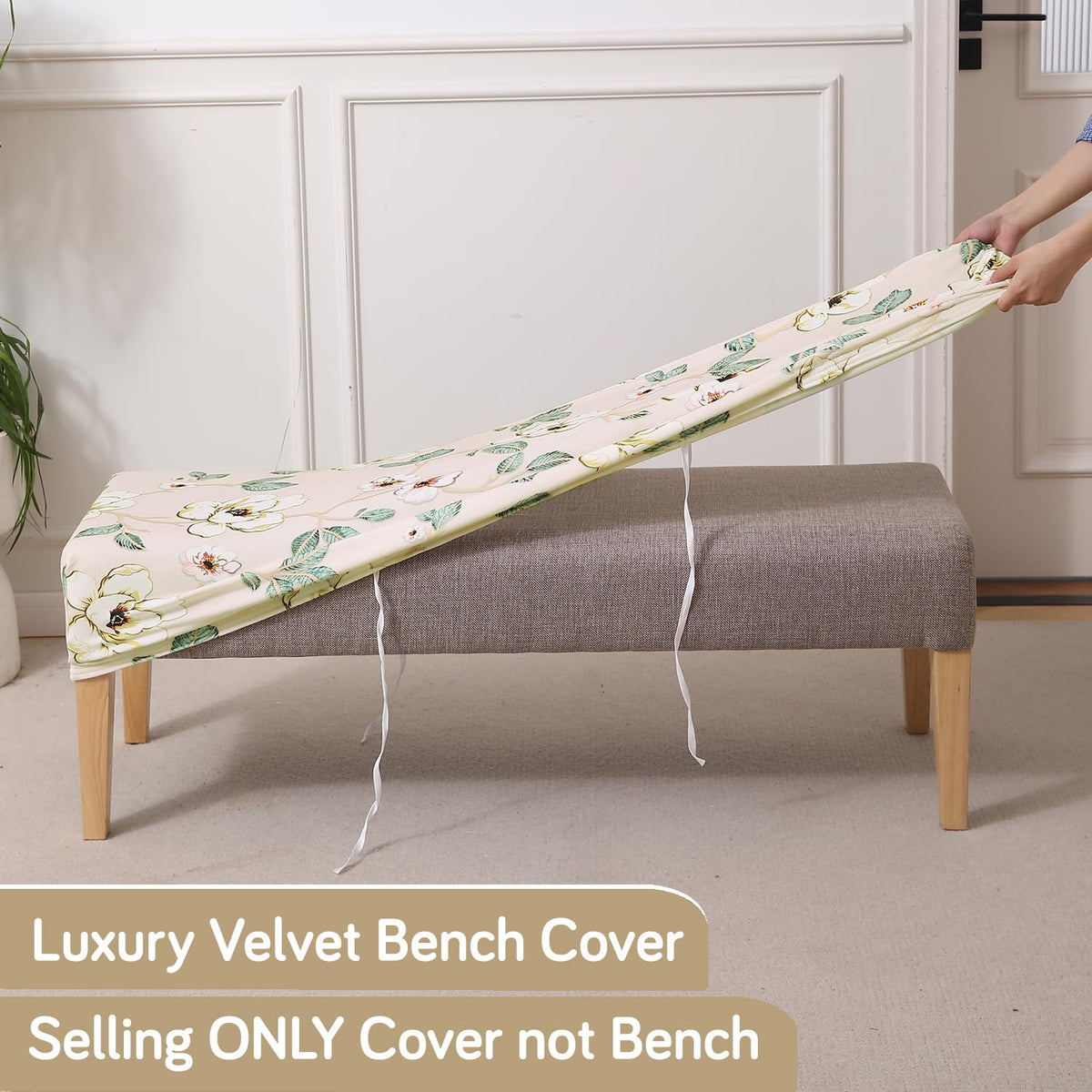 Premium Printed Velvet Stretchable Dining Bench Slipcover, Buttercream Magnolia Whisper