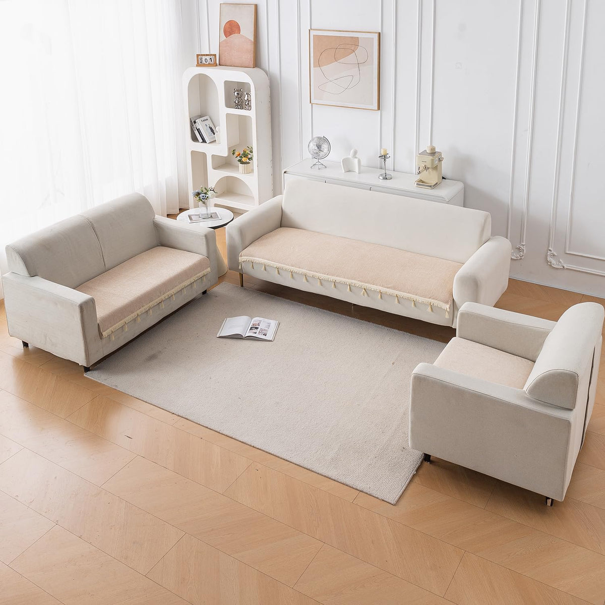 Serenity Tassel Chenille Sofa Cover with Tassel – Ivory Fringe