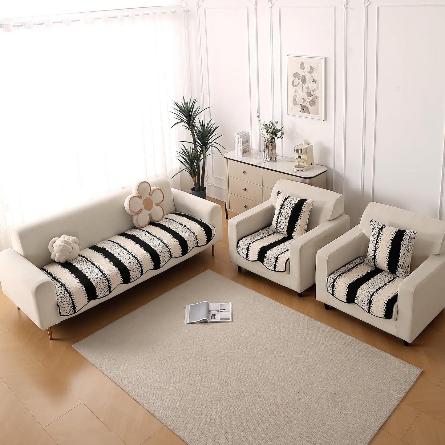 Luxury Wavy Anti Slip Plush Sofa Cover Mat, Black