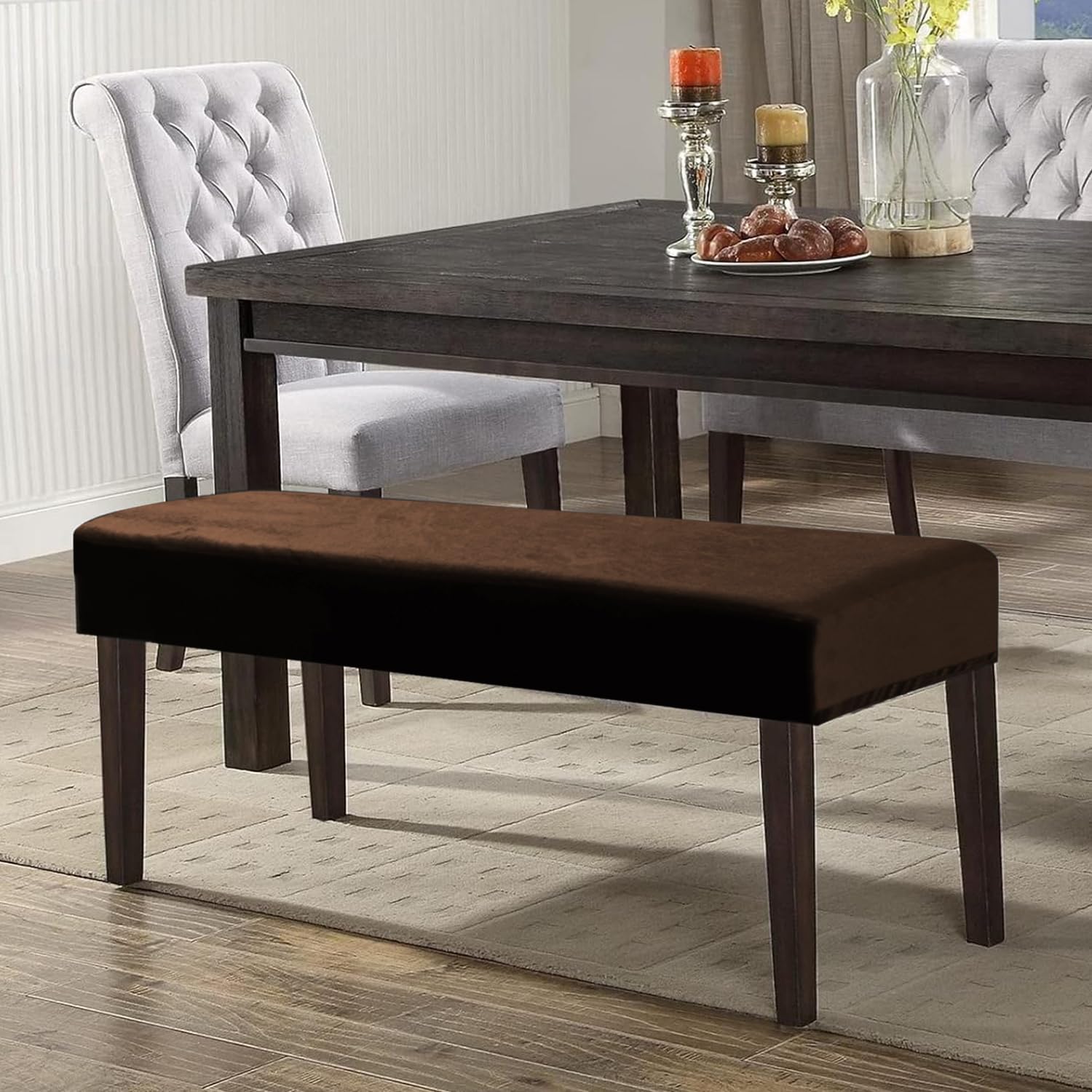 Elastic Fitted Dining Bench Cover, Brown