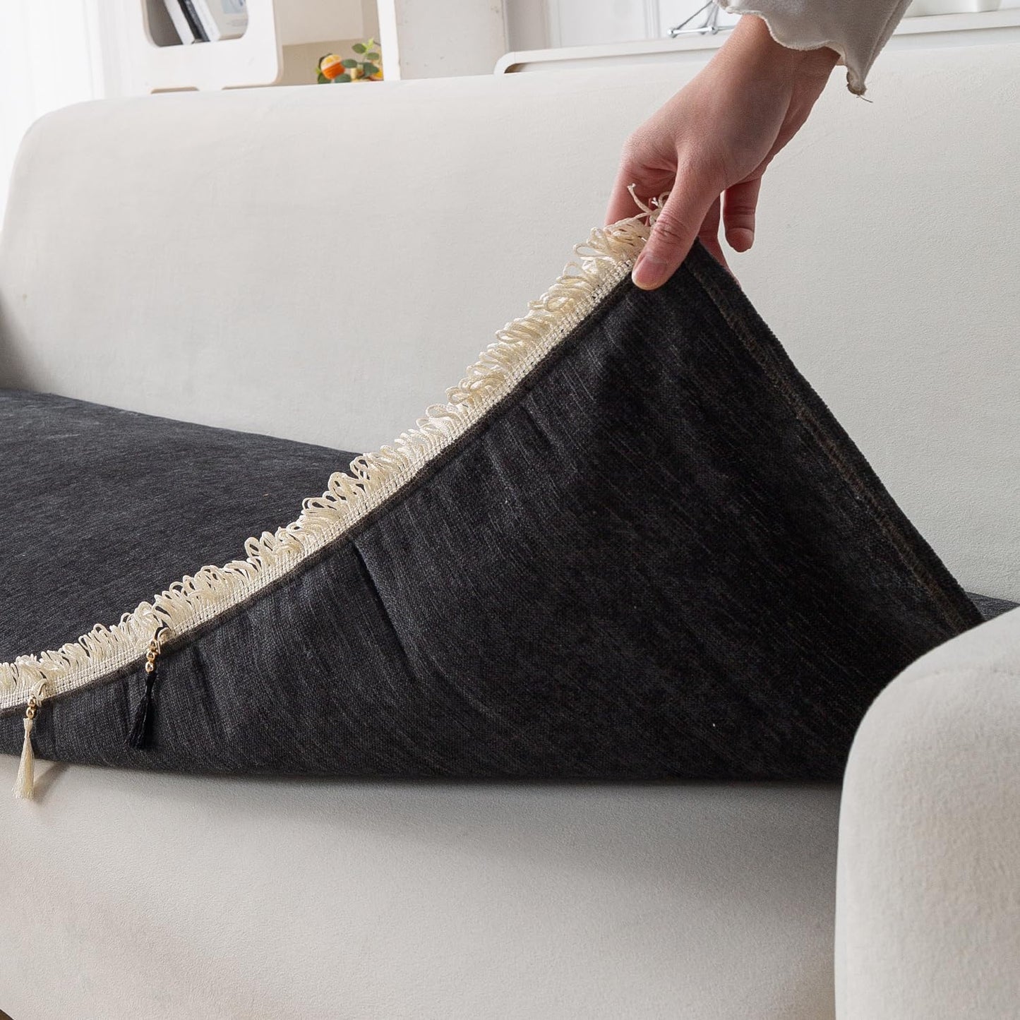 Serenity Tassel Chenille Sofa Cover with Tassel – Midnight Graphite