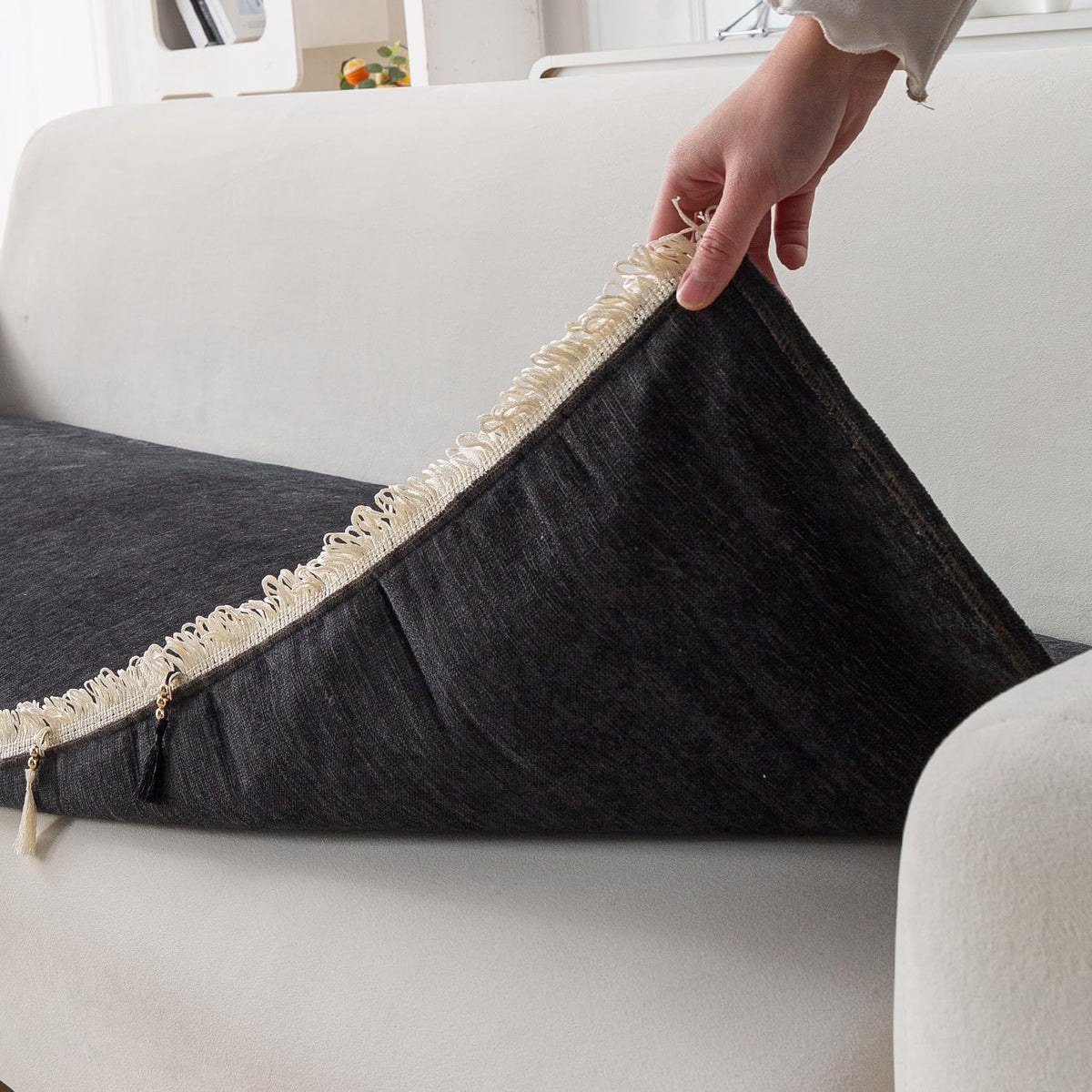 Serenity Tassel Chenille Sofa Cover with Tassel – Midnight Graphite