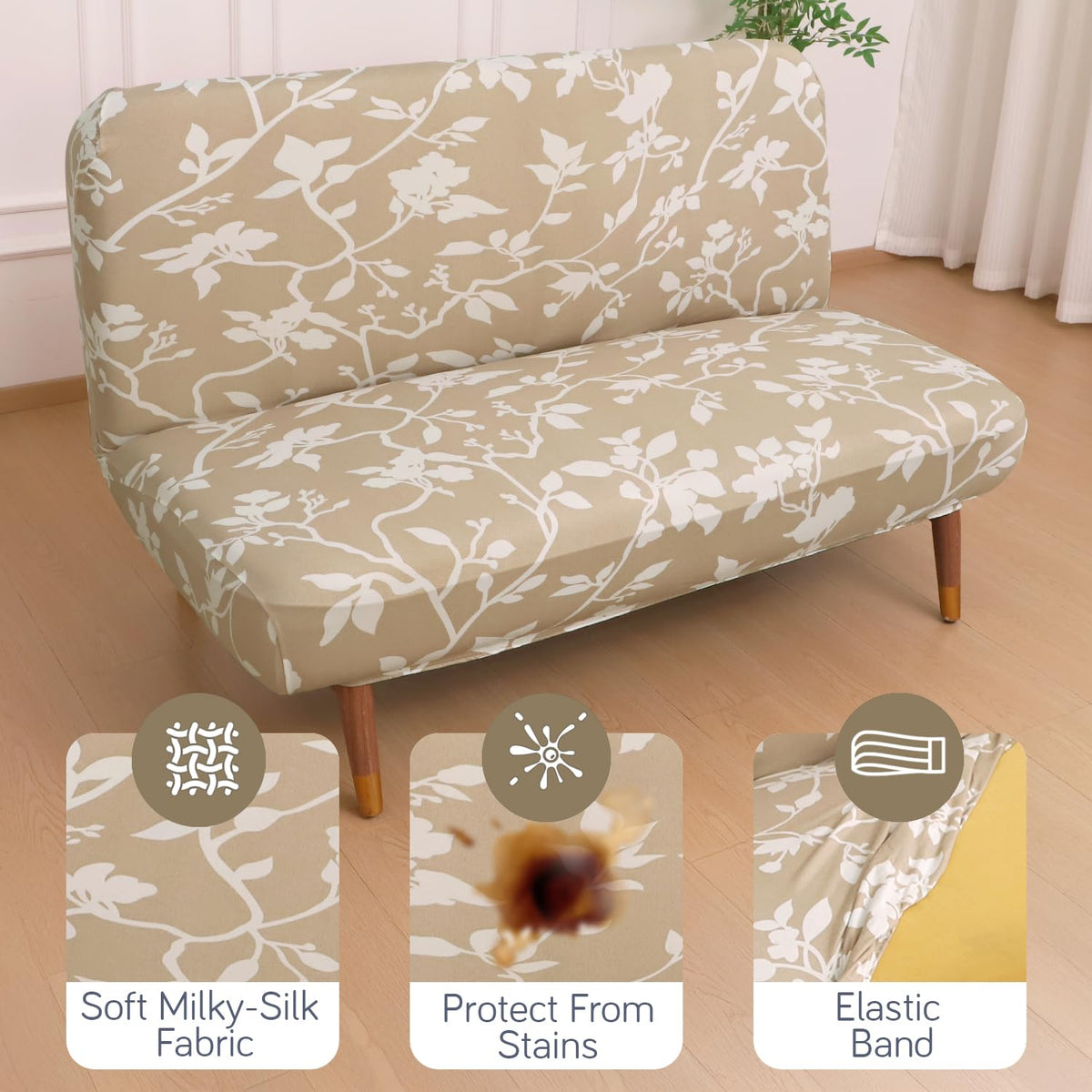 Buy Buff Brown Sillehoute Floral Printed sofa cum bed cover with soft milky-silk fabric, stain protection & secure elastic band fit | HOKIPO