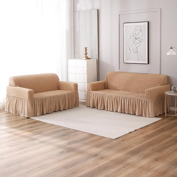 Beige Elastic stretchable Turkish bubble frill sofa cover set for 1, 2, 3, 4, 5, 6, & 7 Seater sofa