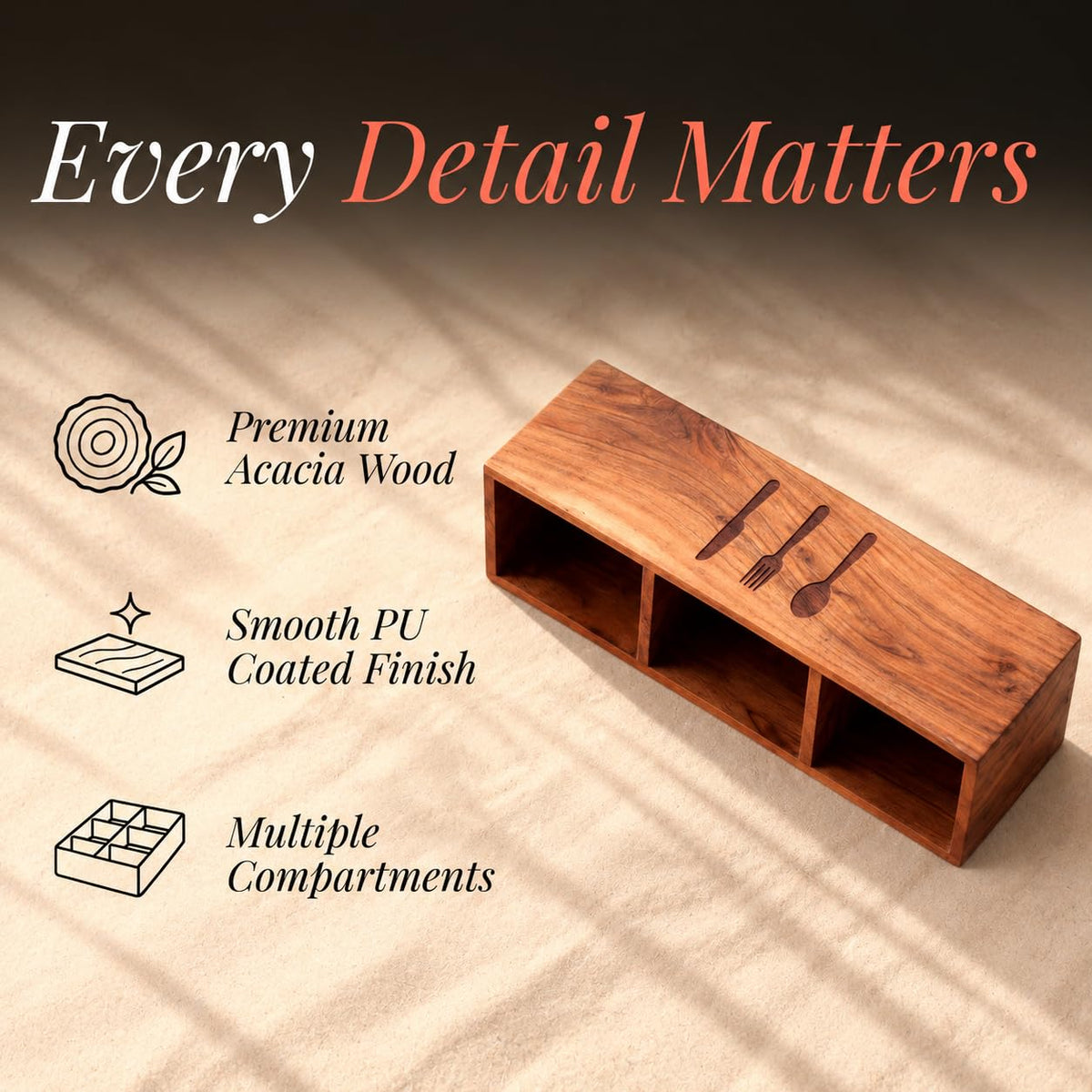 HOKIPO Arbor Acacia Wood Cutlery Holder, 3 Compartment Spoon Stand - image 3
