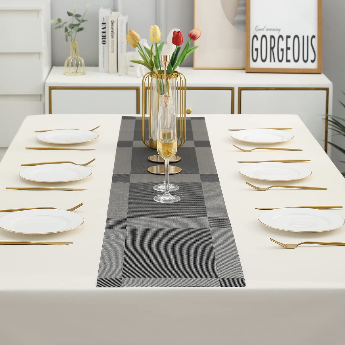Buy Grey Colour PVC Dining Table Runner for 6 Seater Tables | HOKIPO
