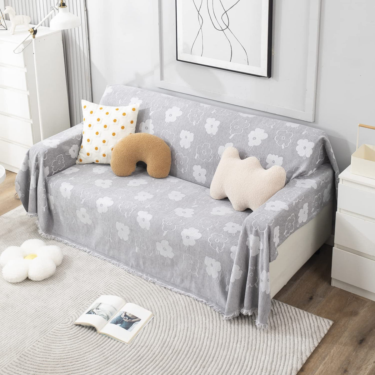Grey Floral Chenille Sofa Throw | Thick & Soft for 1/2/3 Seater