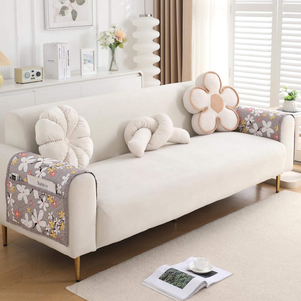 'Homehues' Printed Quilted Sofa Cover Mats, Pastel Brown Sandwort Flower