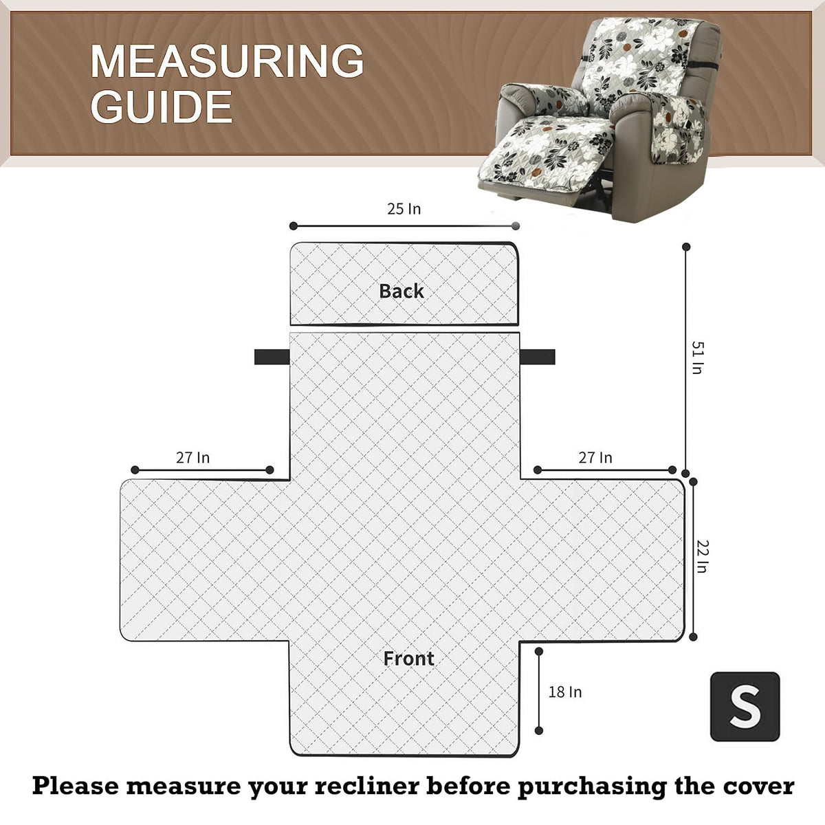 Water Repellent & Waterproof Quilted Recliner Sofa Cover for Small / Large - Feather Brown Floral