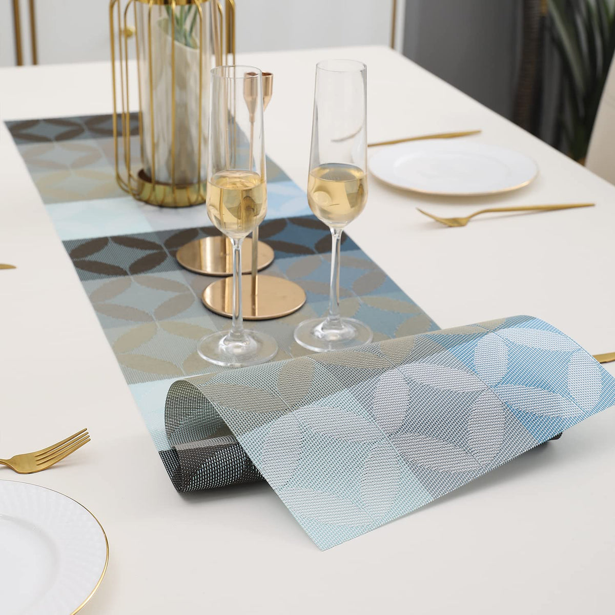 Buy Geometric Blue Colour PVC Table Runner Mat | HOKIPO