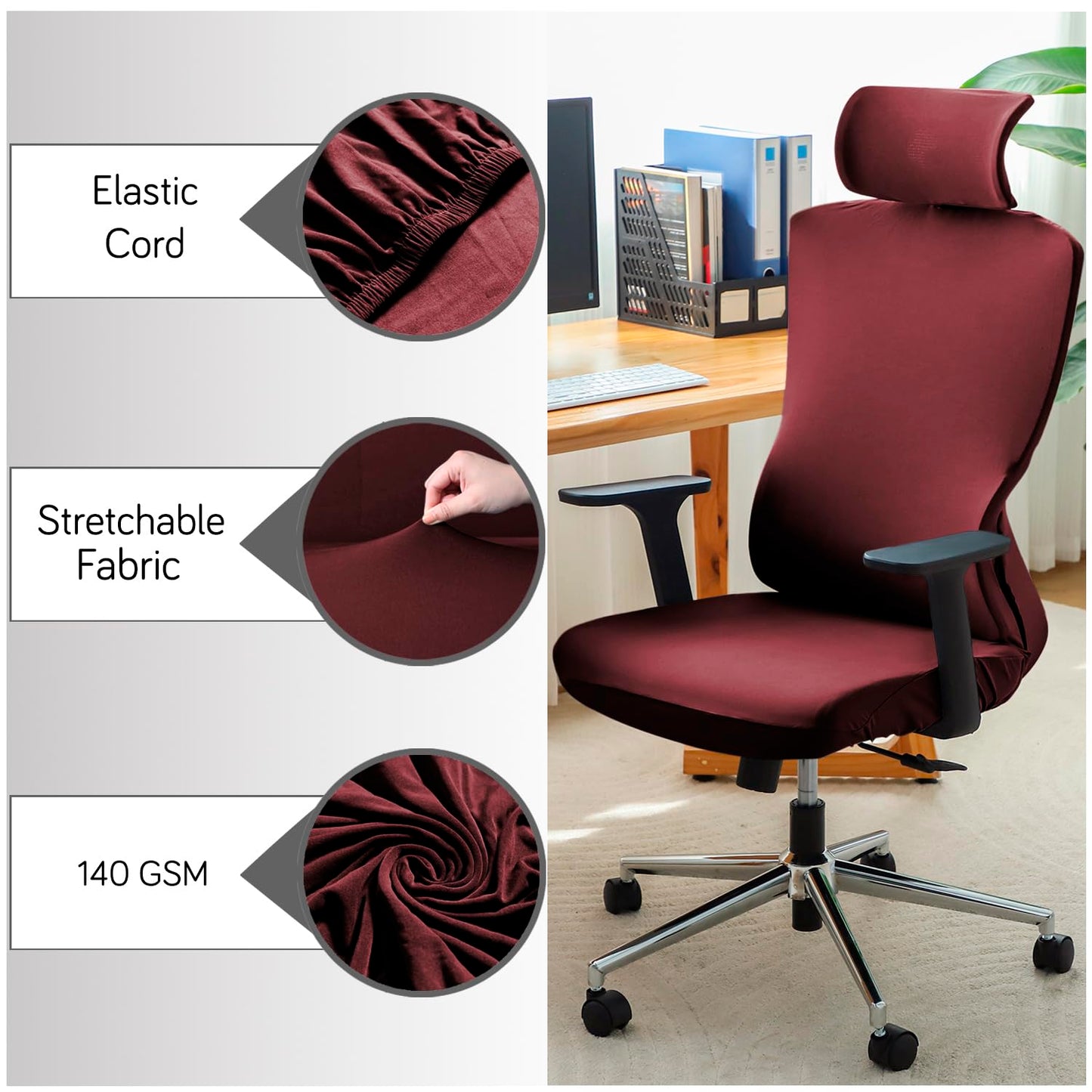 Office Chair Cover with Headrest and Stretchable Chair Seat Covers,  Burgundy