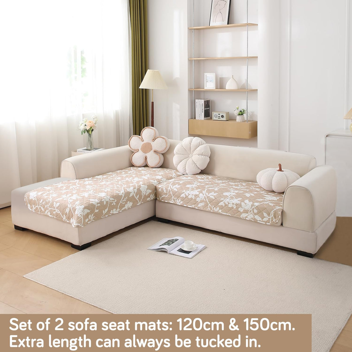 Waterproof Printed Quilted Quick Dry L Shape Sofa Seat Cover Mat, Buff Brown Sillehoute Floral