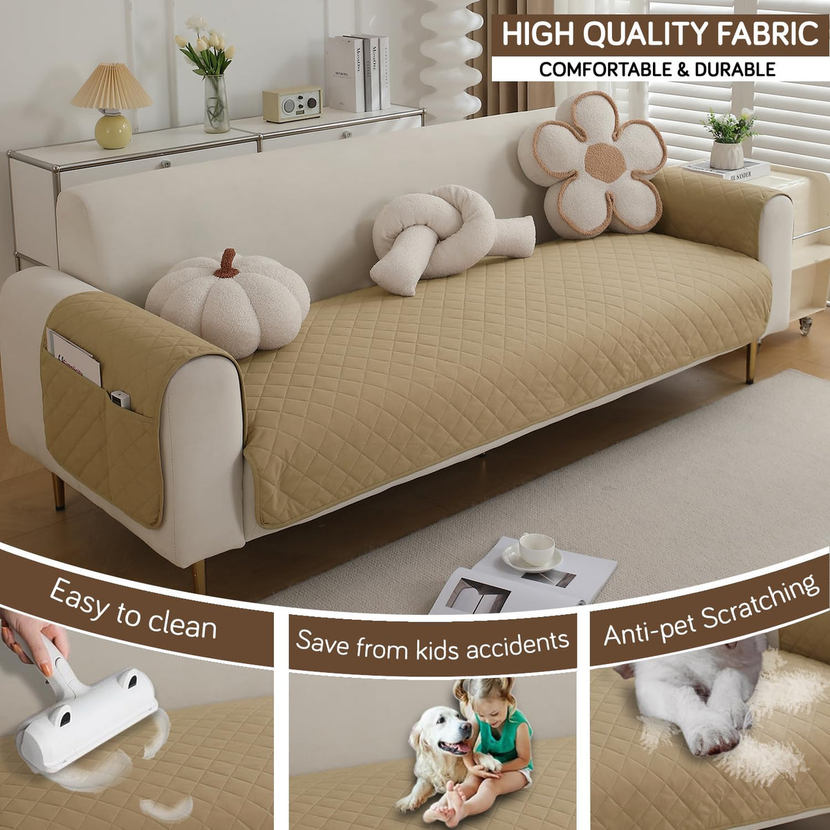 Quilted Waterproof Sofa Seat Mat for 1/2/3 Seater Sofa with 2 Armrest Covers with Pockets, Beige