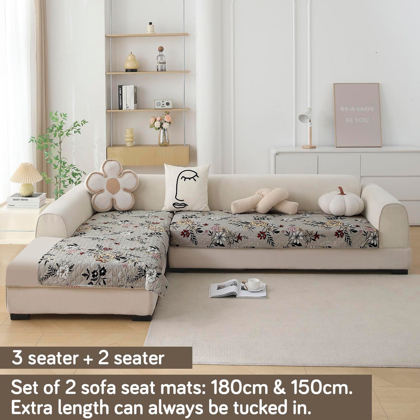 L Shape Sofa Cover Mat for 2+2/3+2/3+3 Seater, Quilted Printed Floral Ash Grey