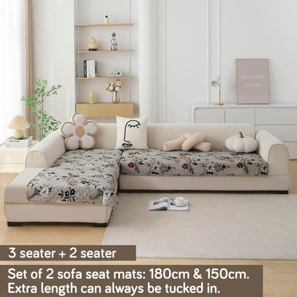 L Shape Sofa Cover Mat for 2+2/3+2/3+3 Seater, Quilted Printed Floral Ash Grey