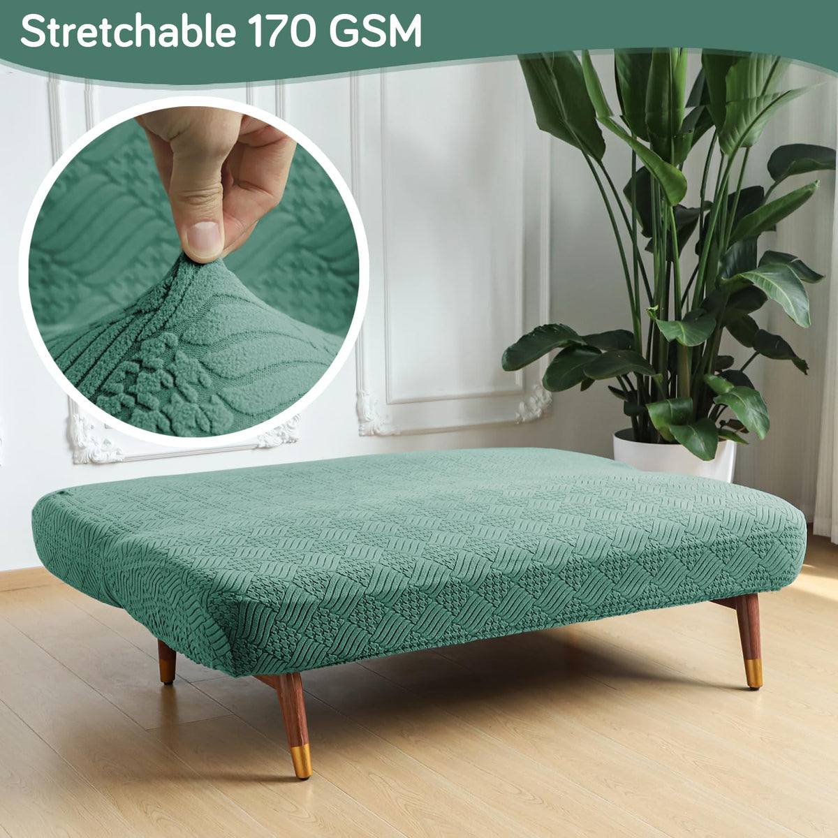 Buy Green Colour Luxurious Jacquard Stretchable 170 GSM Futon Sofa Cover For Sofa Cum Bed | HOKIPO