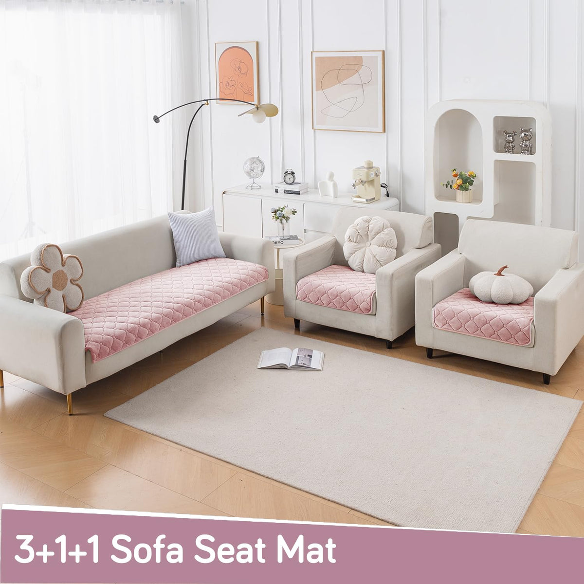Diamond Tuft Quilted 5-Seater Sofa Mat (3+1+1), Anti-Slip, Blush Pink