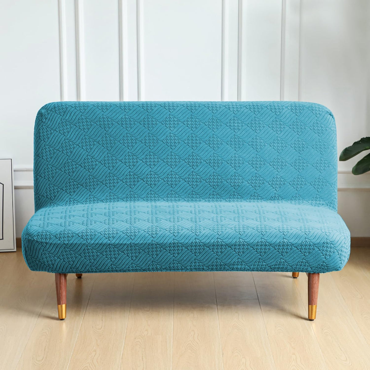 Buy Turquoise Colour Luxurious Jacquard Armless Sofa Cover - HOKIPO