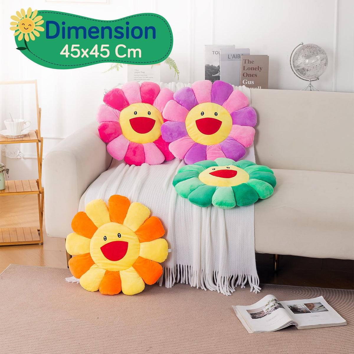 HOKIPO Smiley Sunflower Cushion for Sofa & Bed, 45 cm, Blue Green