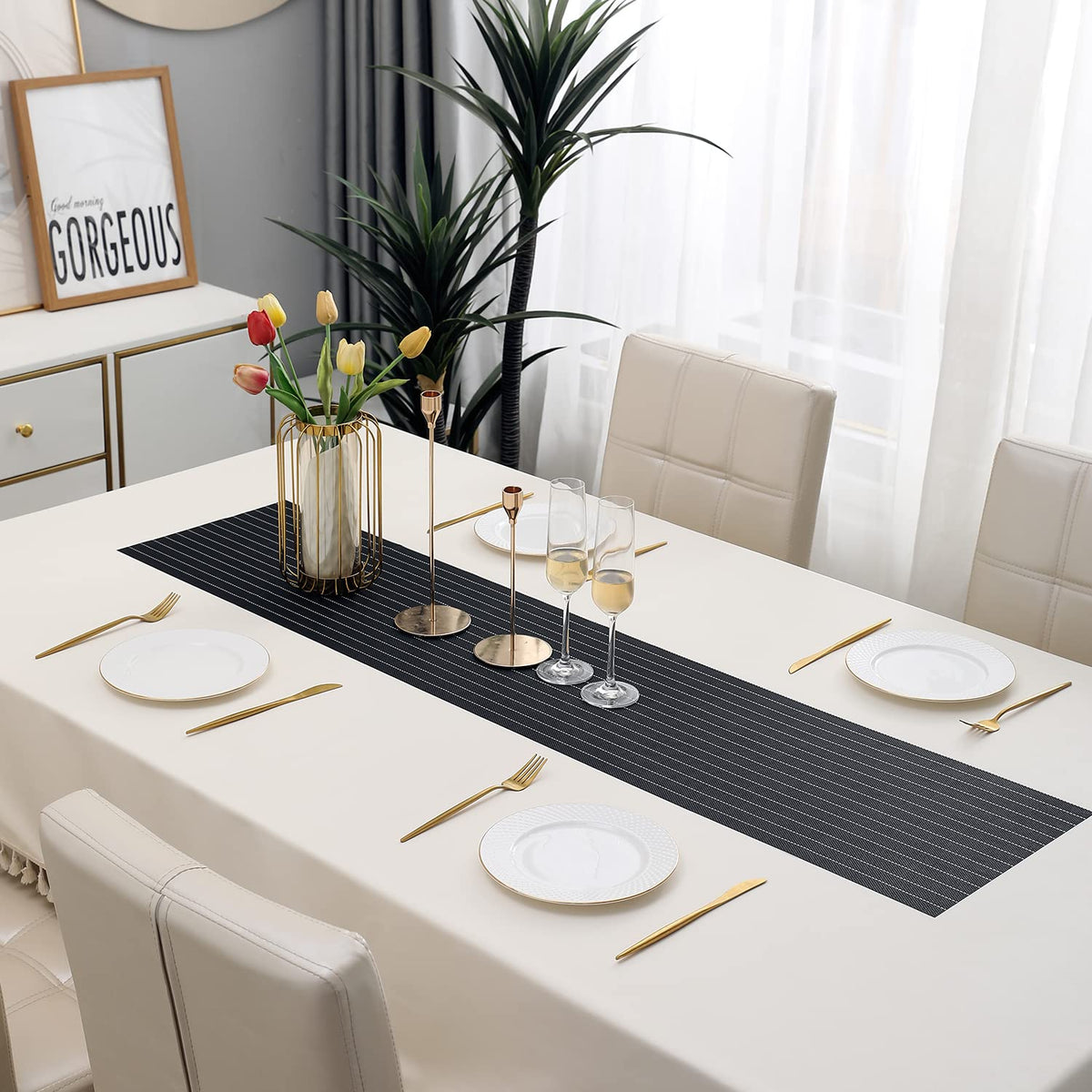 Buy Striped Black Colour PVC Dining Table Runner - HOKIPO | Har Ghar Ka Humsafar